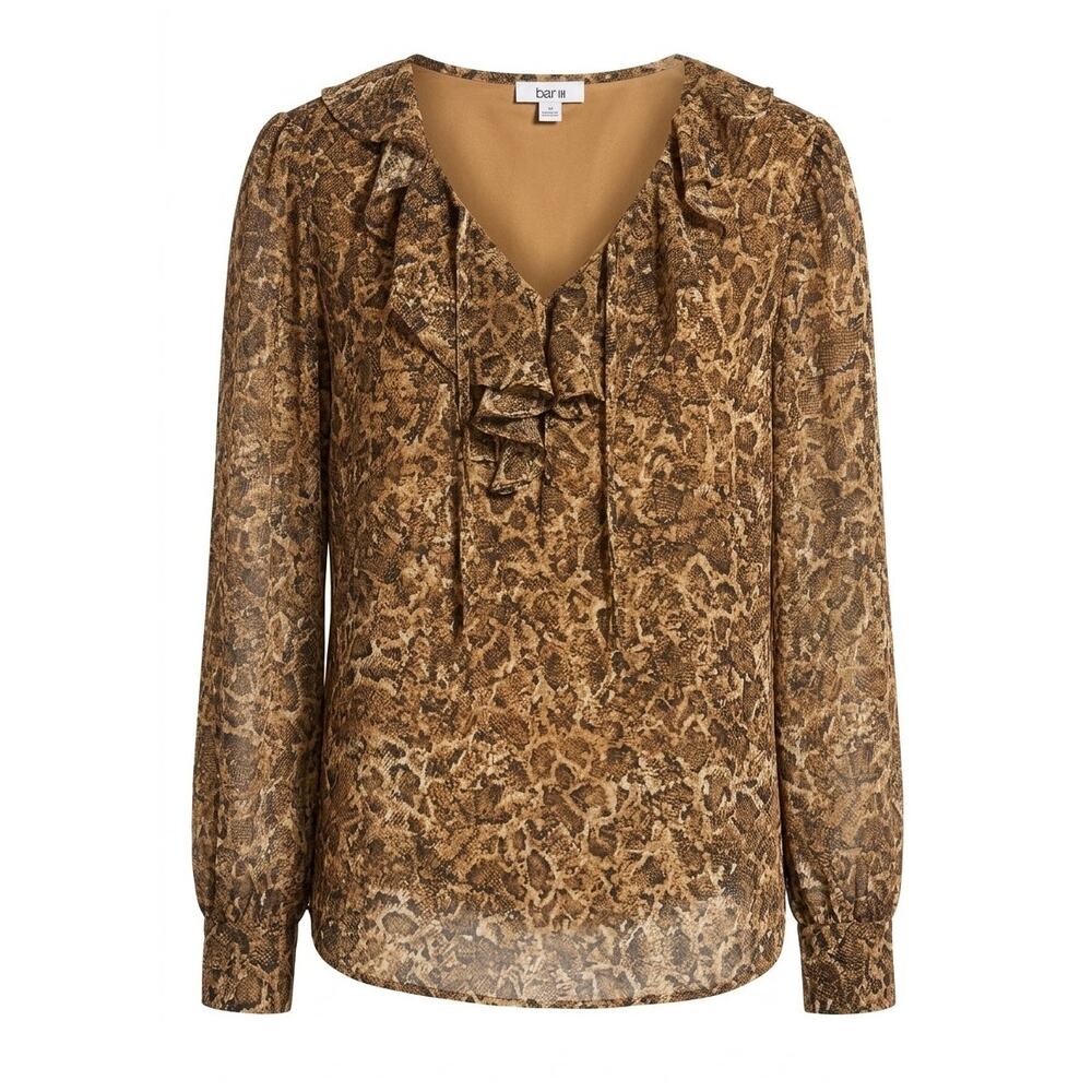 Bar III XXL Brown Black Snake Print Ruffle V-Neck Long Sleeve Blouse